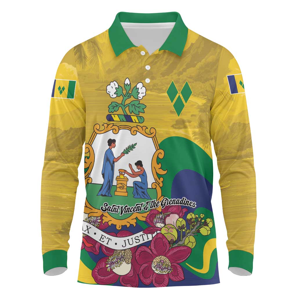 Personalized Saint Vincent and the Grenadines Long Sleeve Polo Shirt Cannonball Flower Tropical Style - Wonder Print Shop