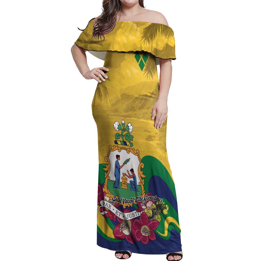 Personalized Saint Vincent and the Grenadines Off Shoulder Maxi Dress Cannonball Flower Tropical Style - Wonder Print Shop