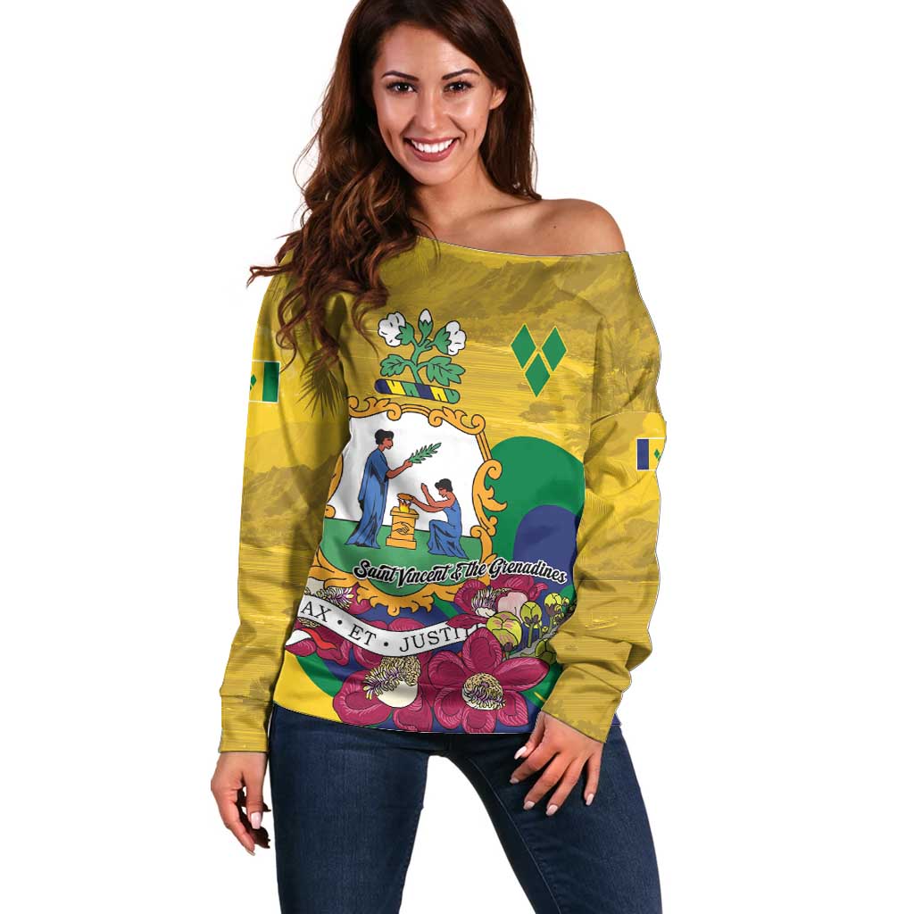 Personalized Saint Vincent and the Grenadines Off Shoulder Sweater Cannonball Flower Tropical Style - Wonder Print Shop