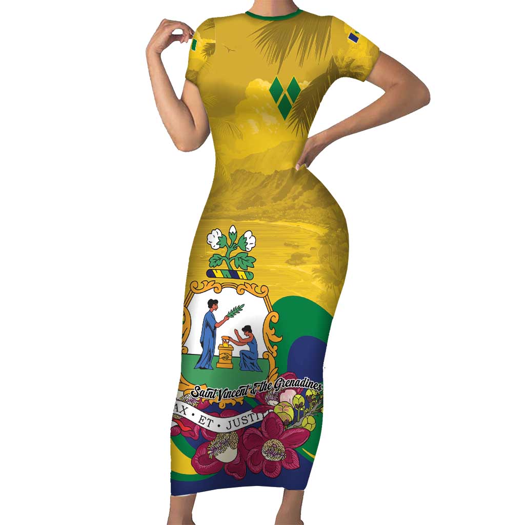 Personalized Saint Vincent and the Grenadines Short Sleeve Bodycon Dress Cannonball Flower Tropical Style - Wonder Print Shop