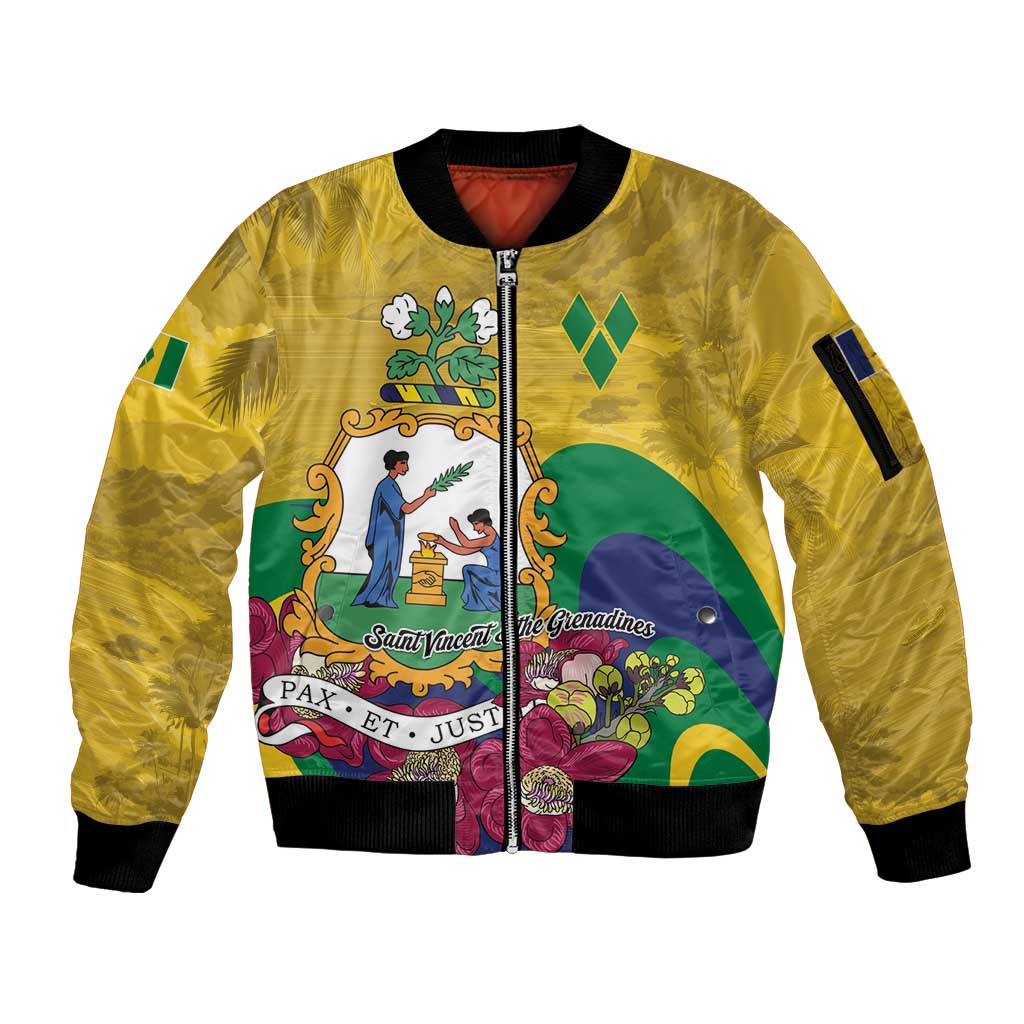 Personalized Saint Vincent and the Grenadines Sleeve Zip Bomber Jacket Cannonball Flower Tropical Style - Wonder Print Shop