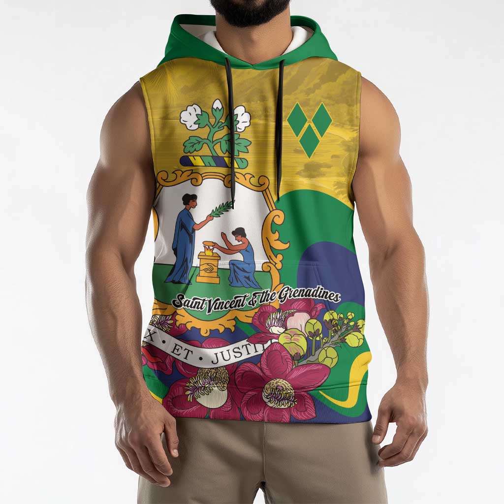 Personalized Saint Vincent and the Grenadines Sleeveless Hoodie Cannonball Flower Tropical Style - Wonder Print Shop