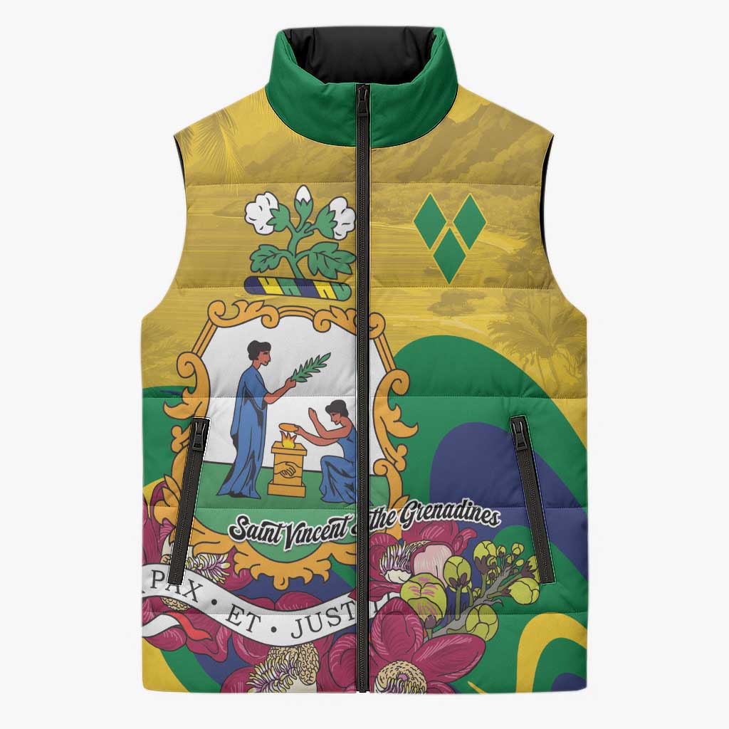 Personalized Saint Vincent and the Grenadines Sleeveless Puffer Jacket Cannonball Flower Tropical Style - Wonder Print Shop