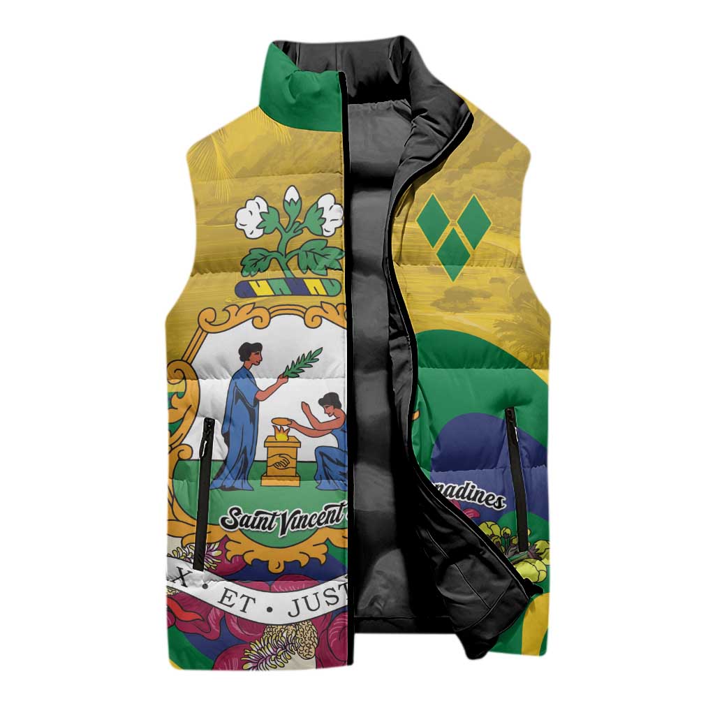 Personalized Saint Vincent and the Grenadines Sleeveless Puffer Jacket Cannonball Flower Tropical Style - Wonder Print Shop