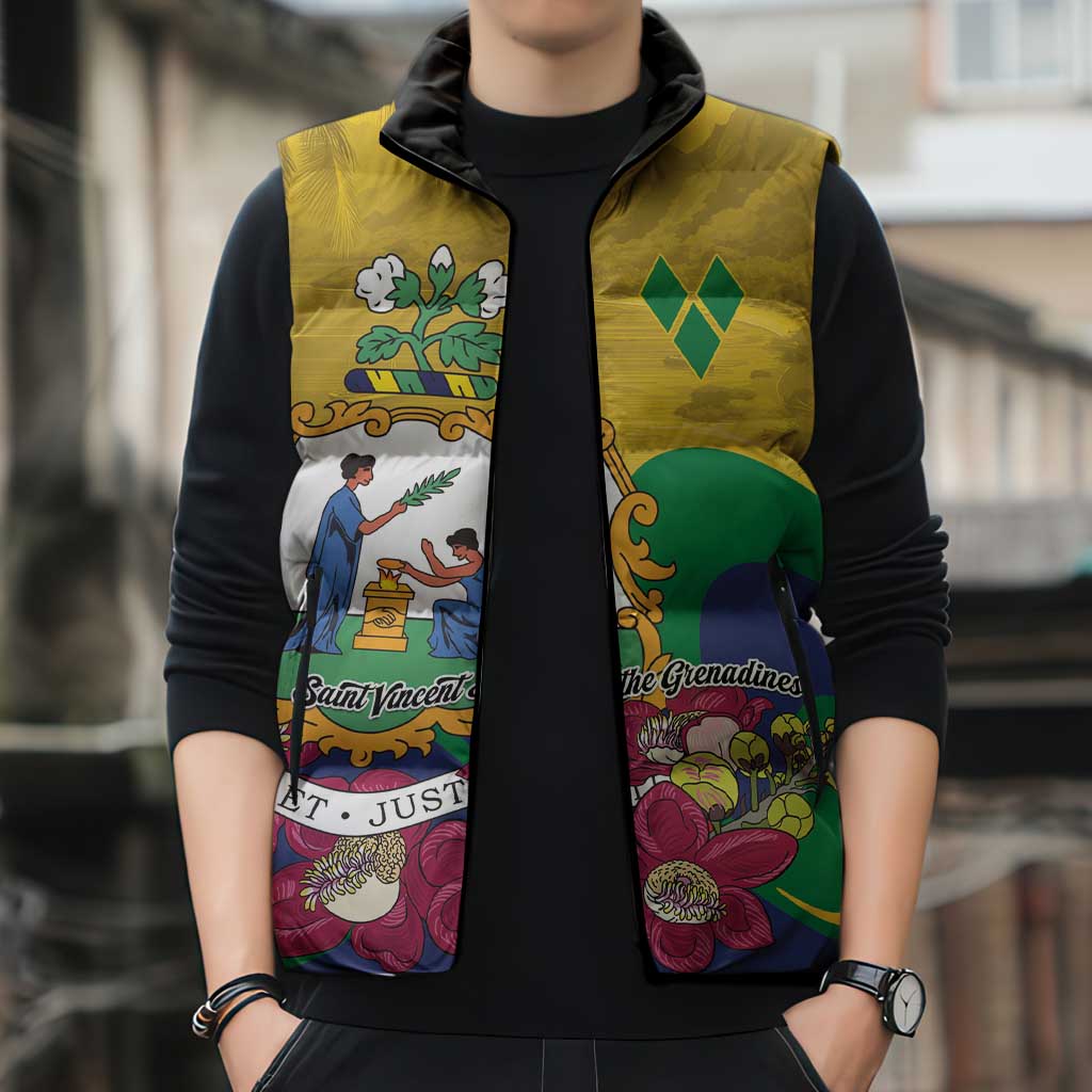 Personalized Saint Vincent and the Grenadines Sleeveless Puffer Jacket Cannonball Flower Tropical Style - Wonder Print Shop