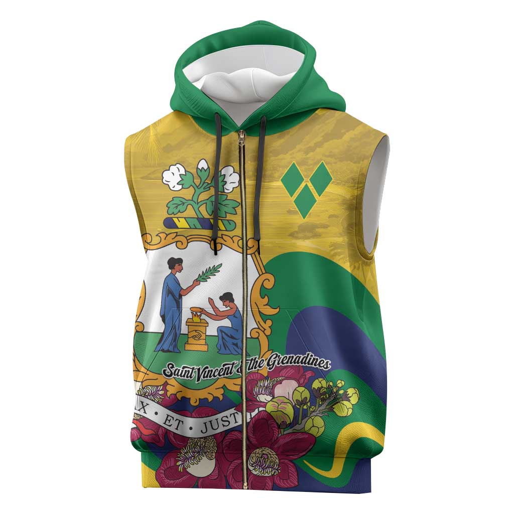 Personalized Saint Vincent and the Grenadines Sleeveless Zip Hoodie Cannonball Flower Tropical Style - Wonder Print Shop