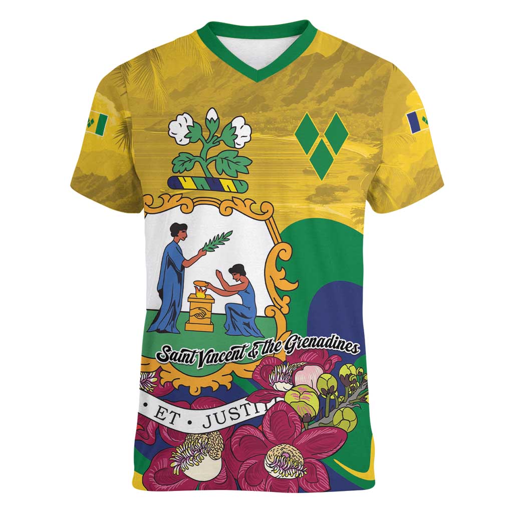 Personalized Saint Vincent and the Grenadines Women V-Neck T-Shirt Cannonball Flower Tropical Style - Wonder Print Shop