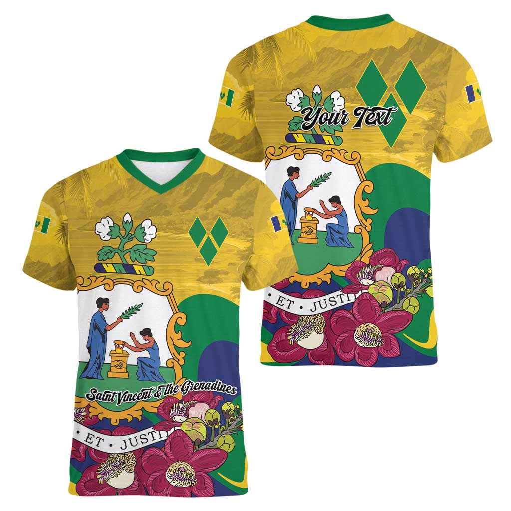 Personalized Saint Vincent and the Grenadines Women V-Neck T-Shirt Cannonball Flower Tropical Style - Wonder Print Shop