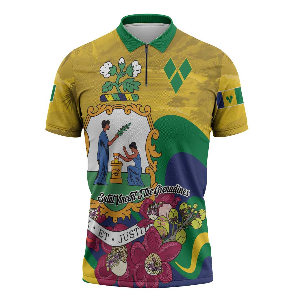 Personalized Saint Vincent and the Grenadines Zipper Polo Shirt Cannonball Flower Tropical Style - Wonder Print Shop