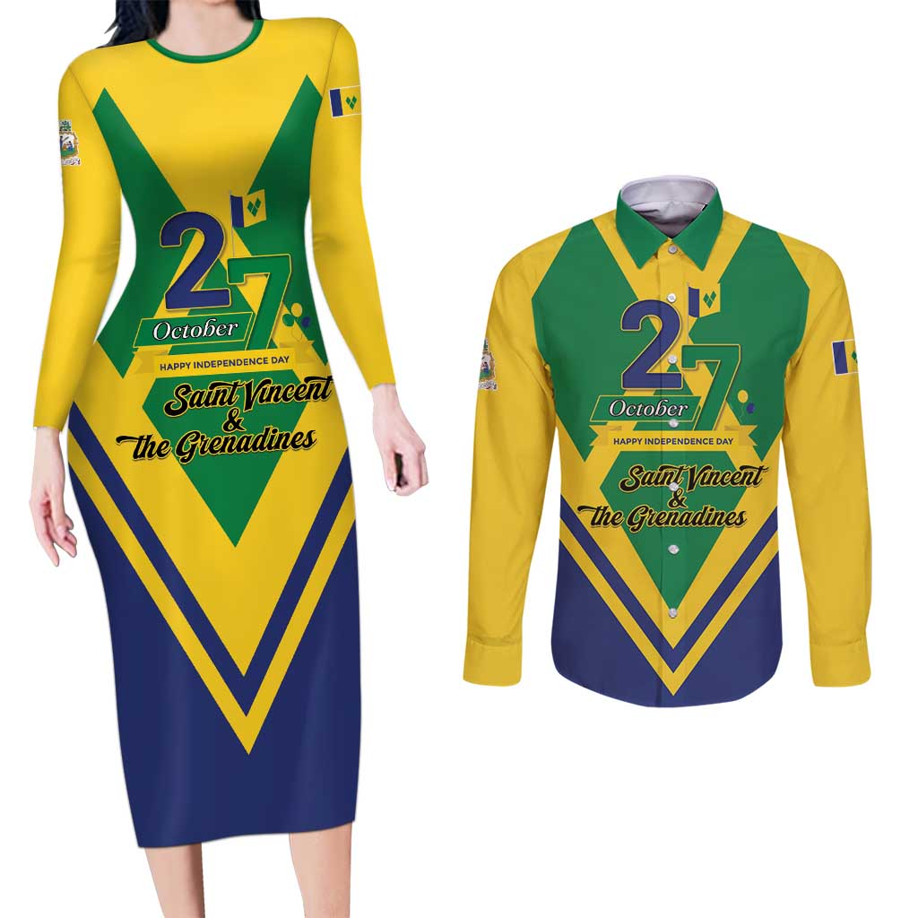 Saint Vincent and the Grenadines Independence Day Couples Matching Long Sleeve Bodycon Dress and Long Sleeve Button Shirt Simple Style - Wonder Print Shop