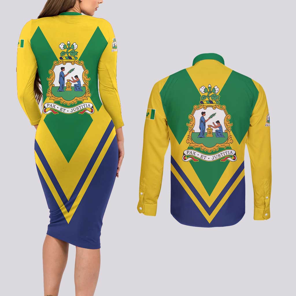 Saint Vincent and the Grenadines Independence Day Couples Matching Long Sleeve Bodycon Dress and Long Sleeve Button Shirt Simple Style - Wonder Print Shop