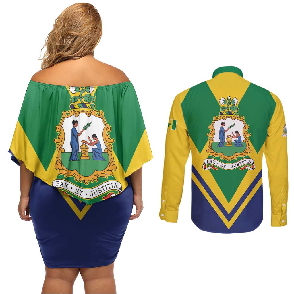 Saint Vincent and the Grenadines Independence Day Couples Matching Off Shoulder Short Dress and Long Sleeve Button Shirt Simple Style - Wonder Print Shop