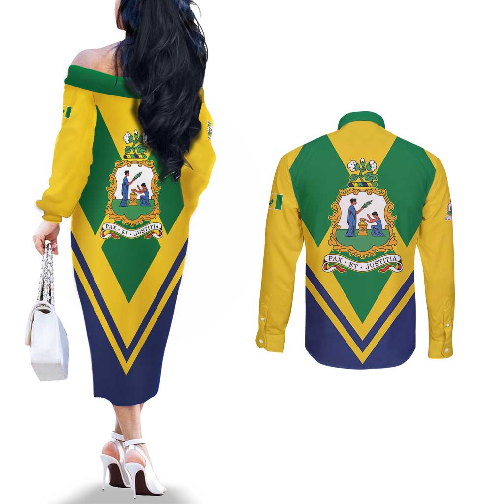 Saint Vincent and the Grenadines Independence Day Couples Matching Off The Shoulder Long Sleeve Dress and Long Sleeve Button Shirt Simple Style - Wonder Print Shop