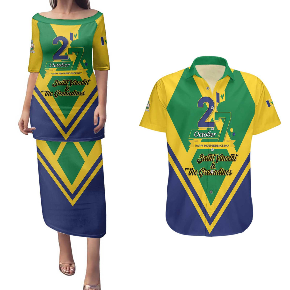 Saint Vincent and the Grenadines Independence Day Couples Matching Puletasi and Hawaiian Shirt Simple Style - Wonder Print Shop