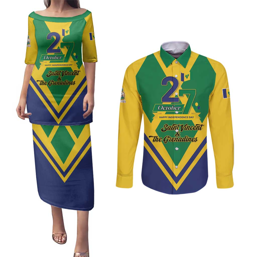 Saint Vincent and the Grenadines Independence Day Couples Matching Puletasi and Long Sleeve Button Shirt Simple Style - Wonder Print Shop