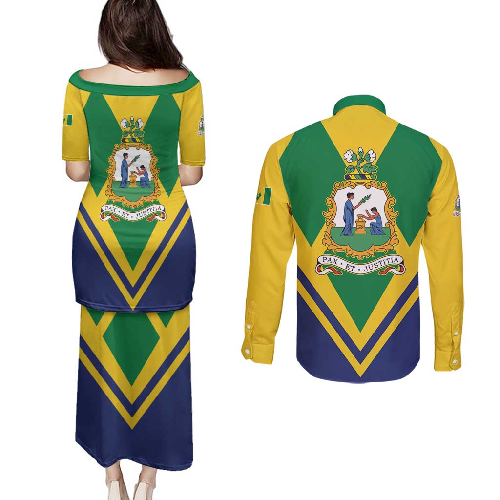 Saint Vincent and the Grenadines Independence Day Couples Matching Puletasi and Long Sleeve Button Shirt Simple Style - Wonder Print Shop