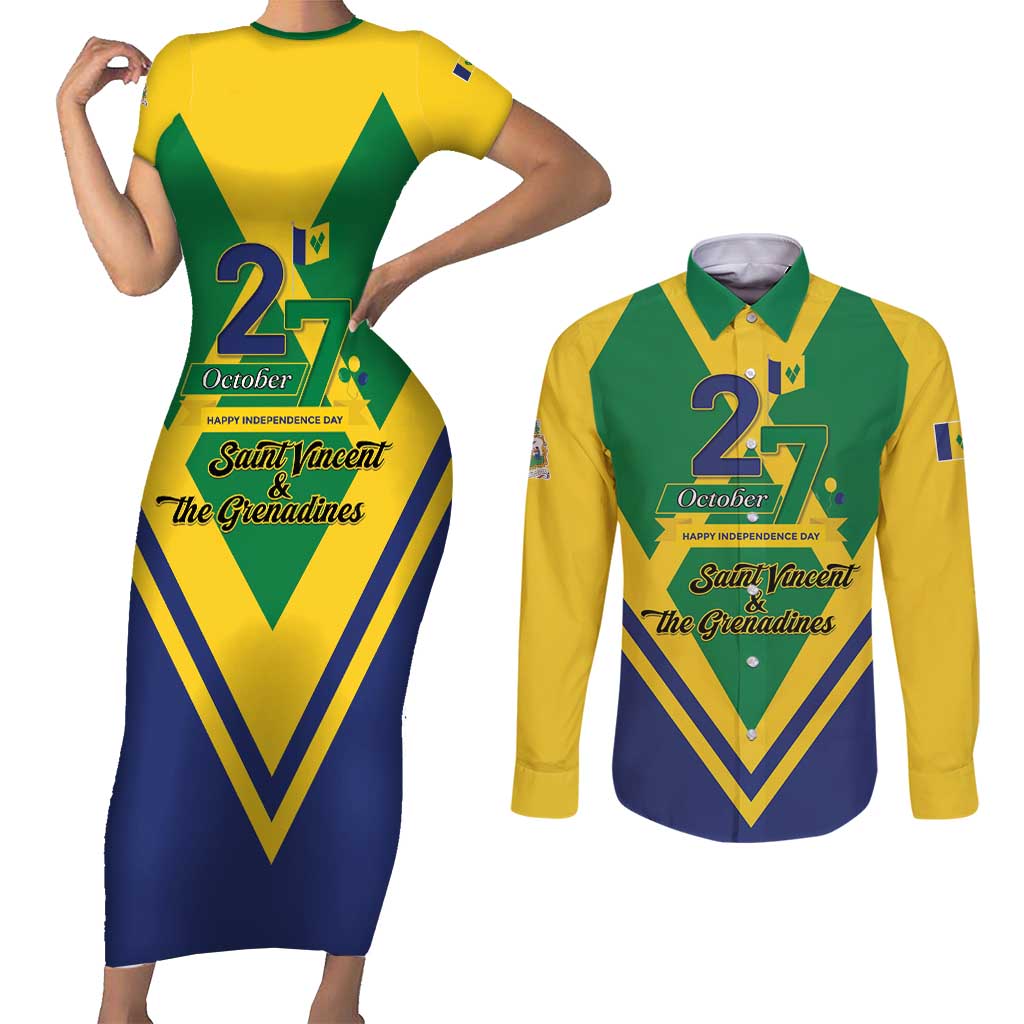 Saint Vincent and the Grenadines Independence Day Couples Matching Short Sleeve Bodycon Dress and Long Sleeve Button Shirt Simple Style - Wonder Print Shop