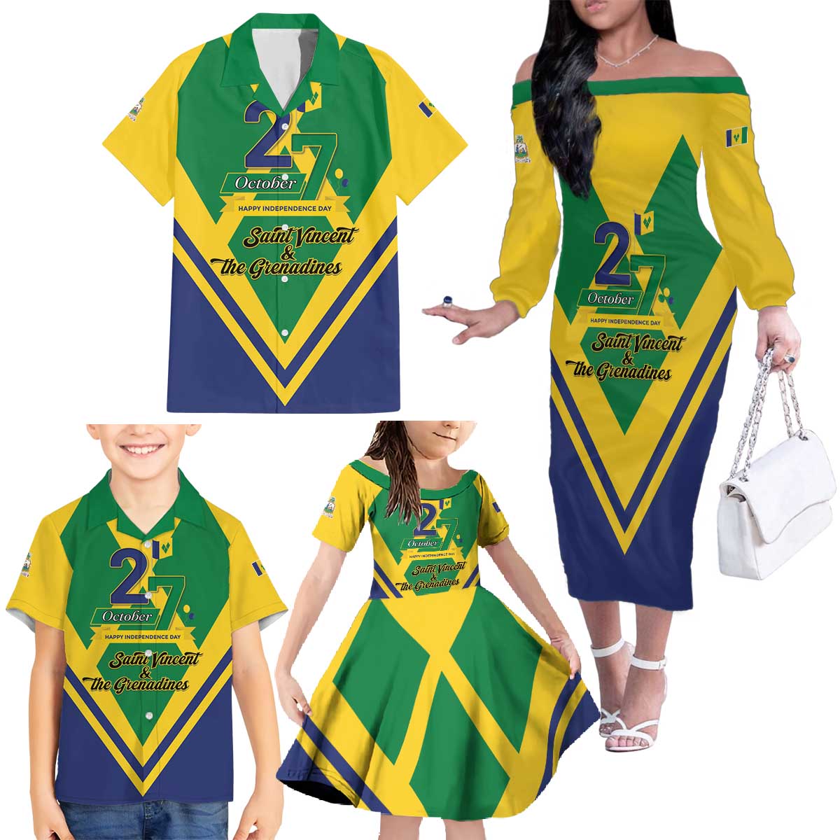 Saint Vincent and the Grenadines Independence Day Family Matching Off The Shoulder Long Sleeve Dress and Hawaiian Shirt Simple Style - Wonder Print Shop