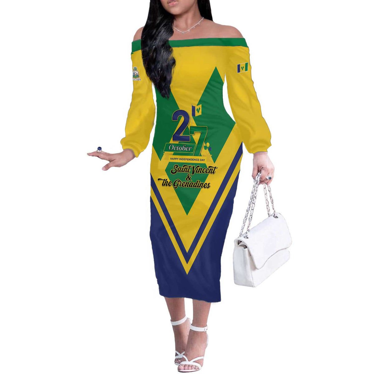 Saint Vincent and the Grenadines Independence Day Off The Shoulder Long Sleeve Dress Simple Style - Wonder Print Shop