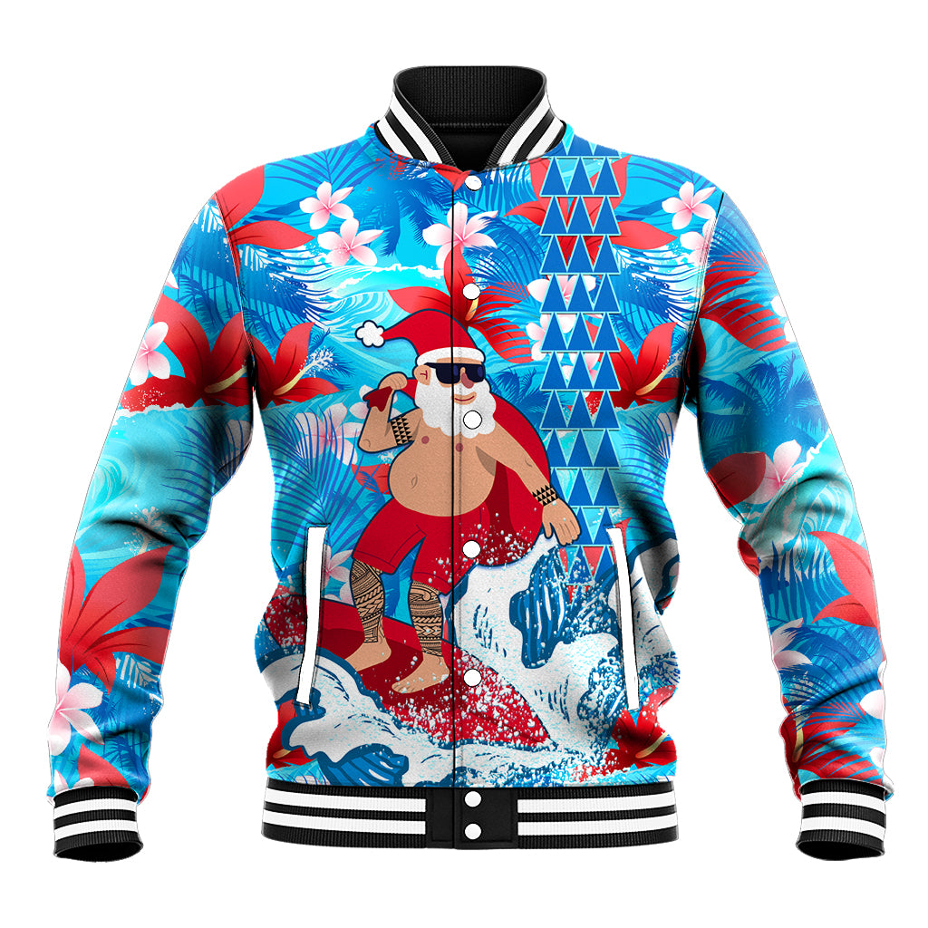 Hawaii Christmas Baseball Jacket Santa Claus Surfing Kakau Tropical Style - Wonder Print Shop