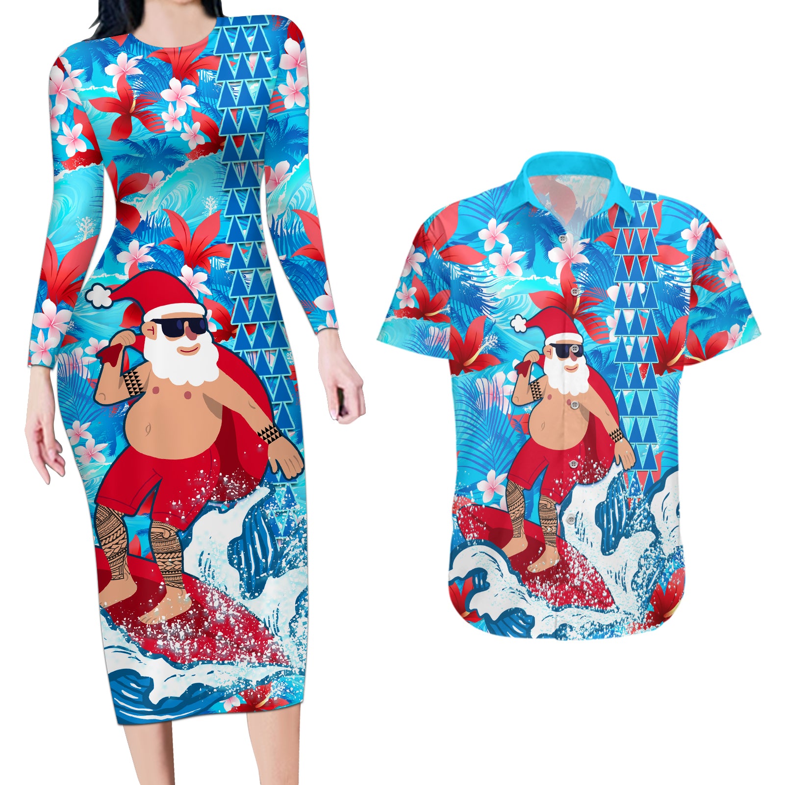 Hawaii Christmas Couples Matching Long Sleeve Bodycon Dress and Hawaiian Shirt Santa Claus Surfing Kakau Tropical Style - Wonder Print Shop