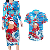 Hawaii Christmas Couples Matching Long Sleeve Bodycon Dress and Hawaiian Shirt Santa Claus Surfing Kakau Tropical Style - Wonder Print Shop