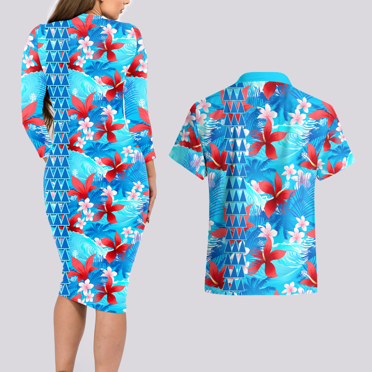 Hawaii Christmas Couples Matching Long Sleeve Bodycon Dress and Hawaiian Shirt Santa Claus Surfing Kakau Tropical Style - Wonder Print Shop