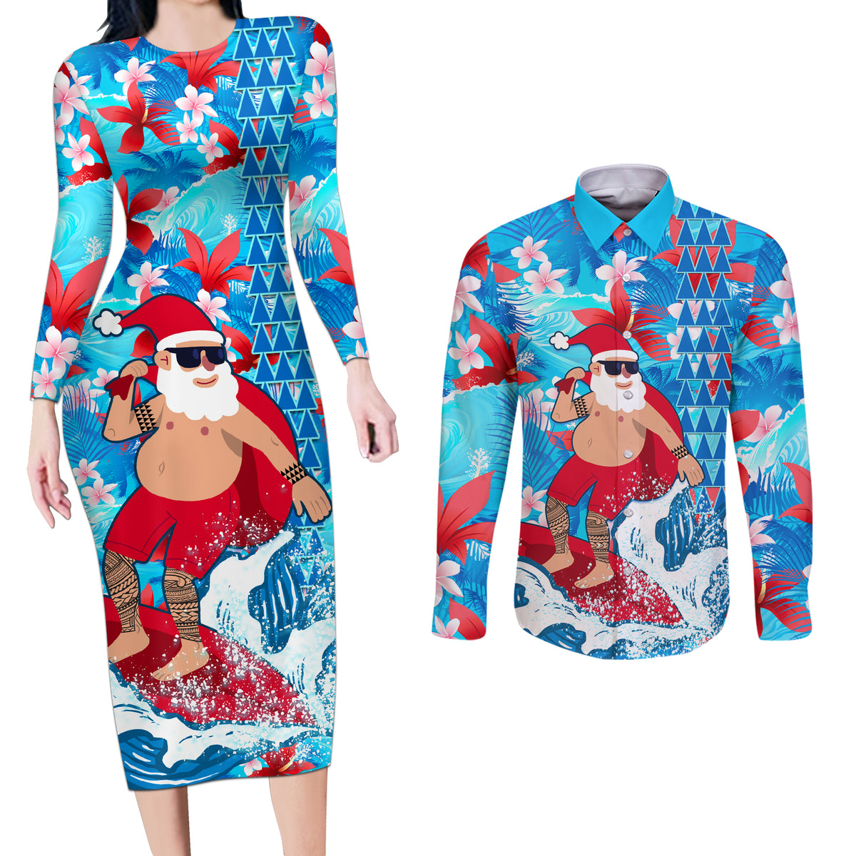Hawaii Christmas Couples Matching Long Sleeve Bodycon Dress and Long Sleeve Button Shirt Santa Claus Surfing Kakau Tropical Style - Wonder Print Shop