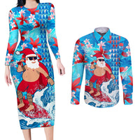 Hawaii Christmas Couples Matching Long Sleeve Bodycon Dress and Long Sleeve Button Shirt Santa Claus Surfing Kakau Tropical Style - Wonder Print Shop