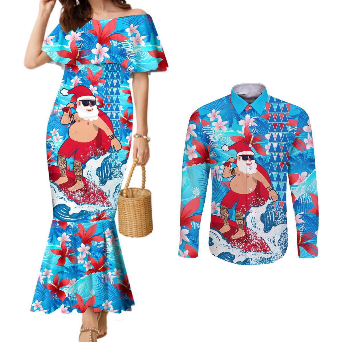 hawaii-christmas-couples-matching-mermaid-dress-and-long-sleeve-button-shirt-santa-claus-surfing-kakau-tropical-style