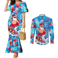 hawaii-christmas-couples-matching-mermaid-dress-and-long-sleeve-button-shirt-santa-claus-surfing-kakau-tropical-style