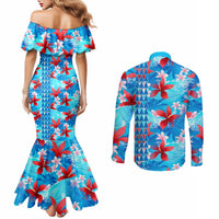 hawaii-christmas-couples-matching-mermaid-dress-and-long-sleeve-button-shirt-santa-claus-surfing-kakau-tropical-style