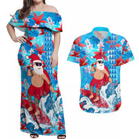 Hawaii Christmas Couples Matching Off Shoulder Maxi Dress and Hawaiian Shirt Santa Claus Surfing Kakau Tropical Style - Wonder Print Shop