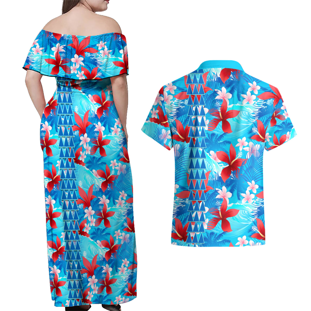 Hawaii Christmas Couples Matching Off Shoulder Maxi Dress and Hawaiian Shirt Santa Claus Surfing Kakau Tropical Style - Wonder Print Shop