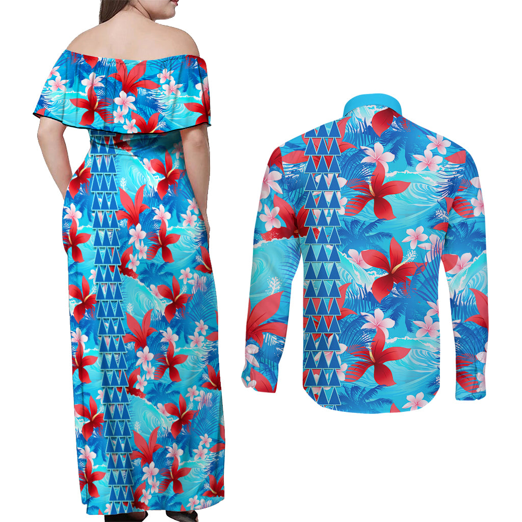 Hawaii Christmas Couples Matching Off Shoulder Maxi Dress and Long Sleeve Button Shirt Santa Claus Surfing Kakau Tropical Style - Wonder Print Shop