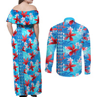 Hawaii Christmas Couples Matching Off Shoulder Maxi Dress and Long Sleeve Button Shirt Santa Claus Surfing Kakau Tropical Style - Wonder Print Shop