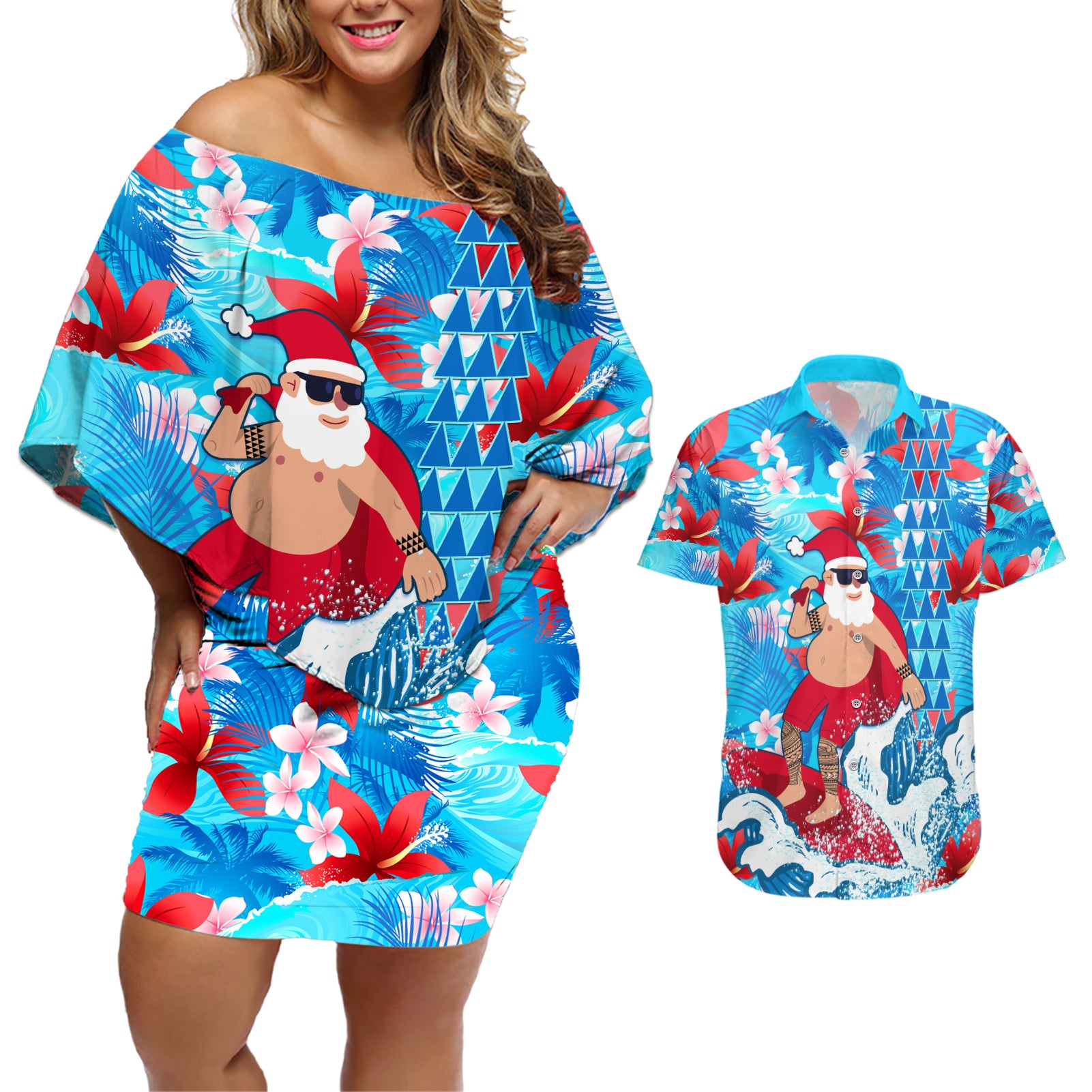 Hawaii Christmas Couples Matching Off Shoulder Short Dress and Hawaiian Shirt Santa Claus Surfing Kakau Tropical Style - Wonder Print Shop