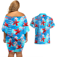 Hawaii Christmas Couples Matching Off Shoulder Short Dress and Hawaiian Shirt Santa Claus Surfing Kakau Tropical Style - Wonder Print Shop