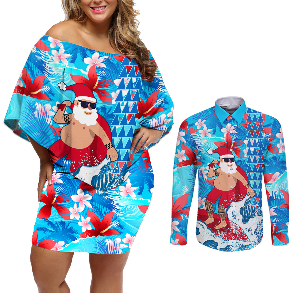 Hawaii Christmas Couples Matching Off Shoulder Short Dress and Long Sleeve Button Shirt Santa Claus Surfing Kakau Tropical Style - Wonder Print Shop
