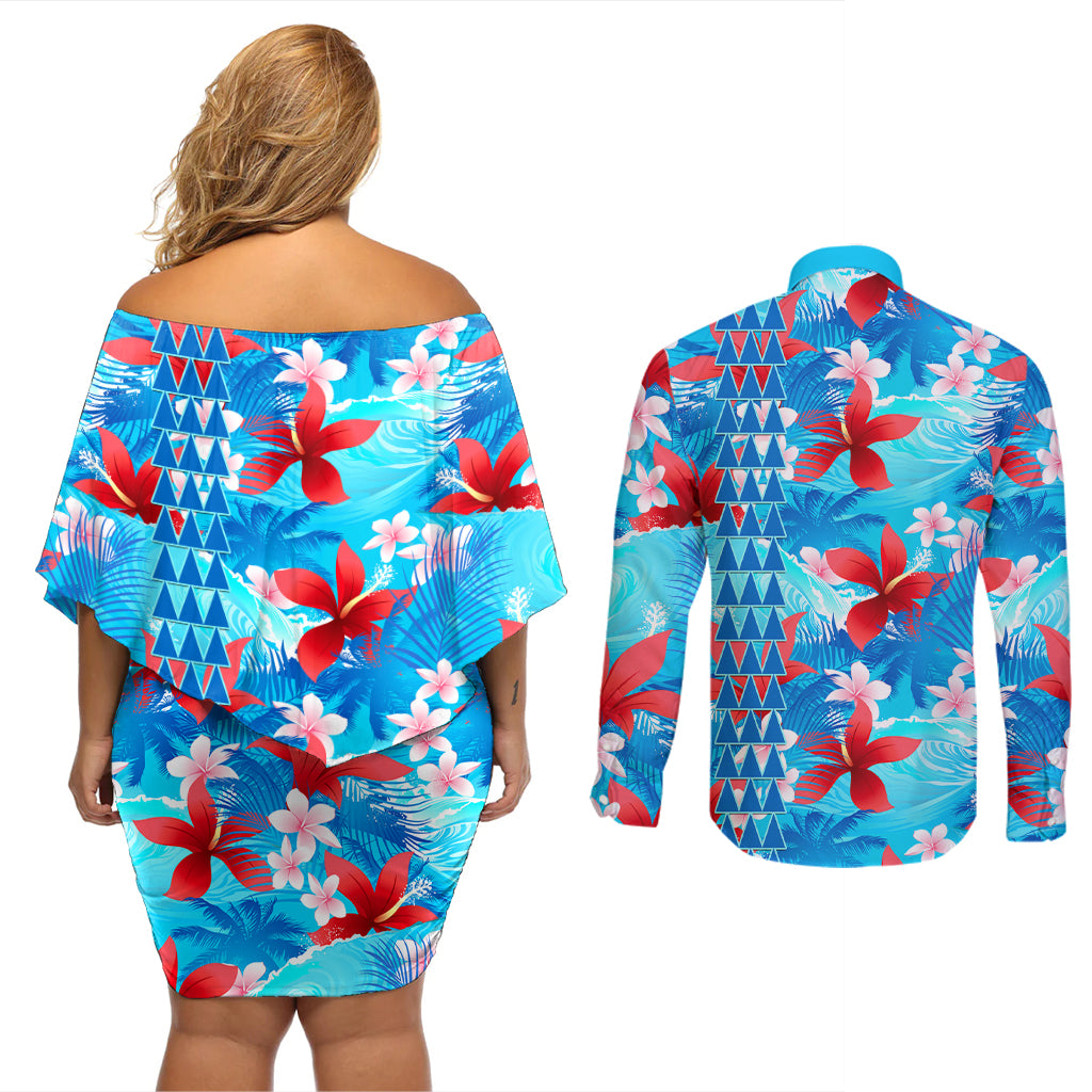 Hawaii Christmas Couples Matching Off Shoulder Short Dress and Long Sleeve Button Shirt Santa Claus Surfing Kakau Tropical Style - Wonder Print Shop