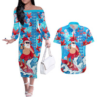 Hawaii Christmas Couples Matching Off The Shoulder Long Sleeve Dress and Hawaiian Shirt Santa Claus Surfing Kakau Tropical Style - Wonder Print Shop