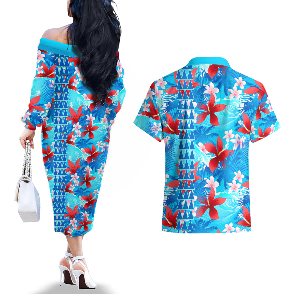 Hawaii Christmas Couples Matching Off The Shoulder Long Sleeve Dress and Hawaiian Shirt Santa Claus Surfing Kakau Tropical Style - Wonder Print Shop