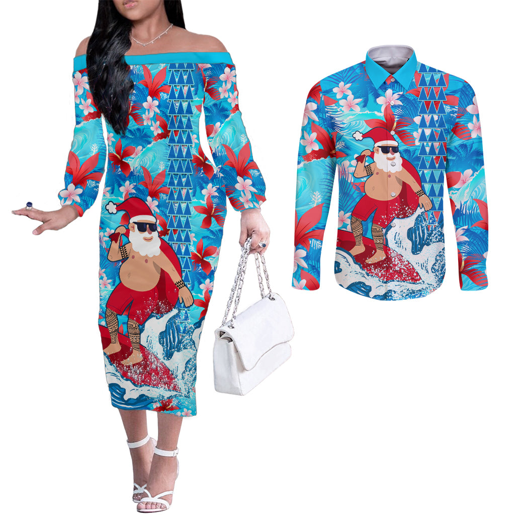 hawaii-christmas-couples-matching-off-the-shoulder-long-sleeve-dress-and-long-sleeve-button-shirt-santa-claus-surfing-kakau-tropical-style