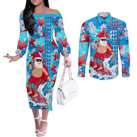 hawaii-christmas-couples-matching-off-the-shoulder-long-sleeve-dress-and-long-sleeve-button-shirt-santa-claus-surfing-kakau-tropical-style