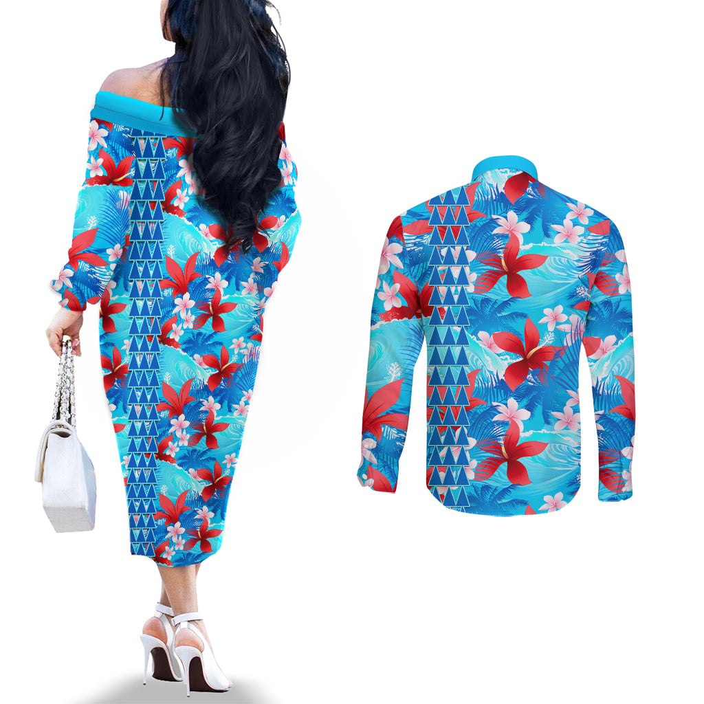 hawaii-christmas-couples-matching-off-the-shoulder-long-sleeve-dress-and-long-sleeve-button-shirt-santa-claus-surfing-kakau-tropical-style