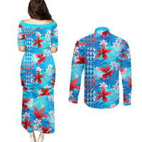 Hawaii Christmas Couples Matching Puletasi Dress and Long Sleeve Button Shirt Santa Claus Surfing Kakau Tropical Style - Wonder Print Shop