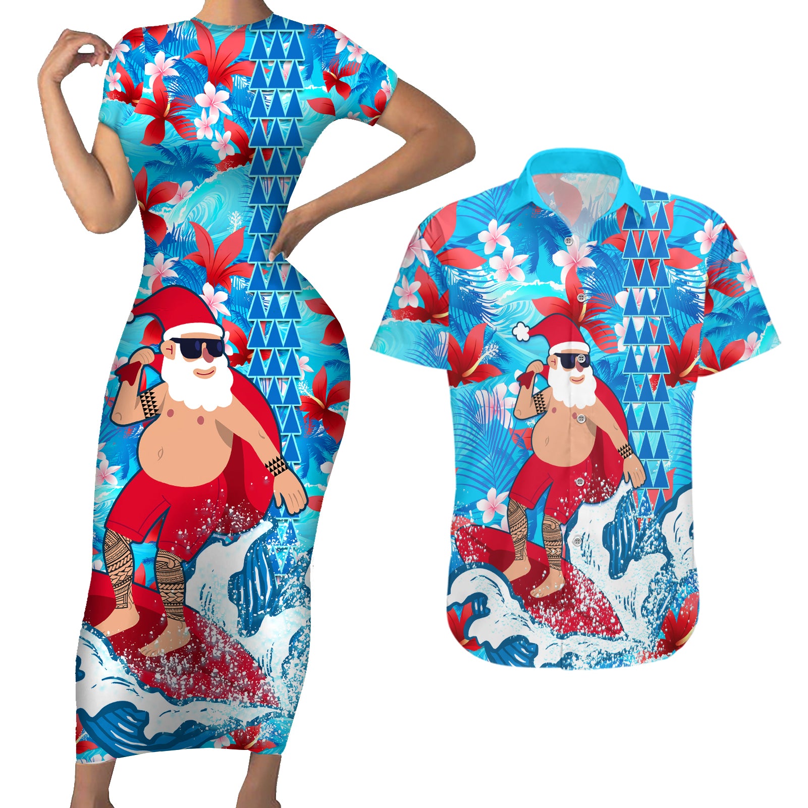 Hawaii Christmas Couples Matching Short Sleeve Bodycon Dress and Hawaiian Shirt Santa Claus Surfing Kakau Tropical Style - Wonder Print Shop