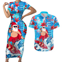 Hawaii Christmas Couples Matching Short Sleeve Bodycon Dress and Hawaiian Shirt Santa Claus Surfing Kakau Tropical Style - Wonder Print Shop