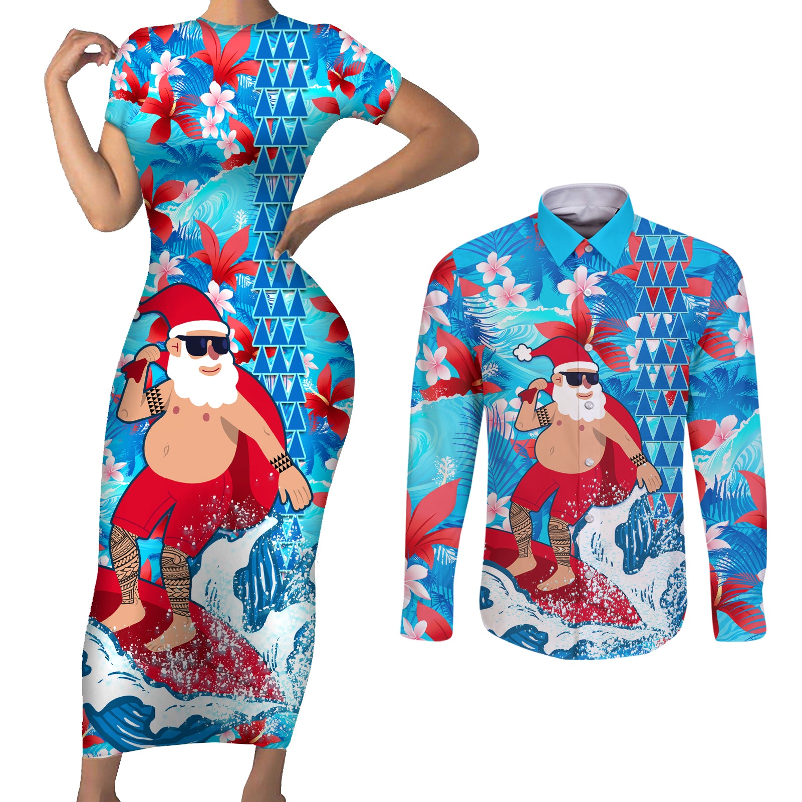 Hawaii Christmas Couples Matching Short Sleeve Bodycon Dress and Long Sleeve Button Shirt Santa Claus Surfing Kakau Tropical Style - Wonder Print Shop