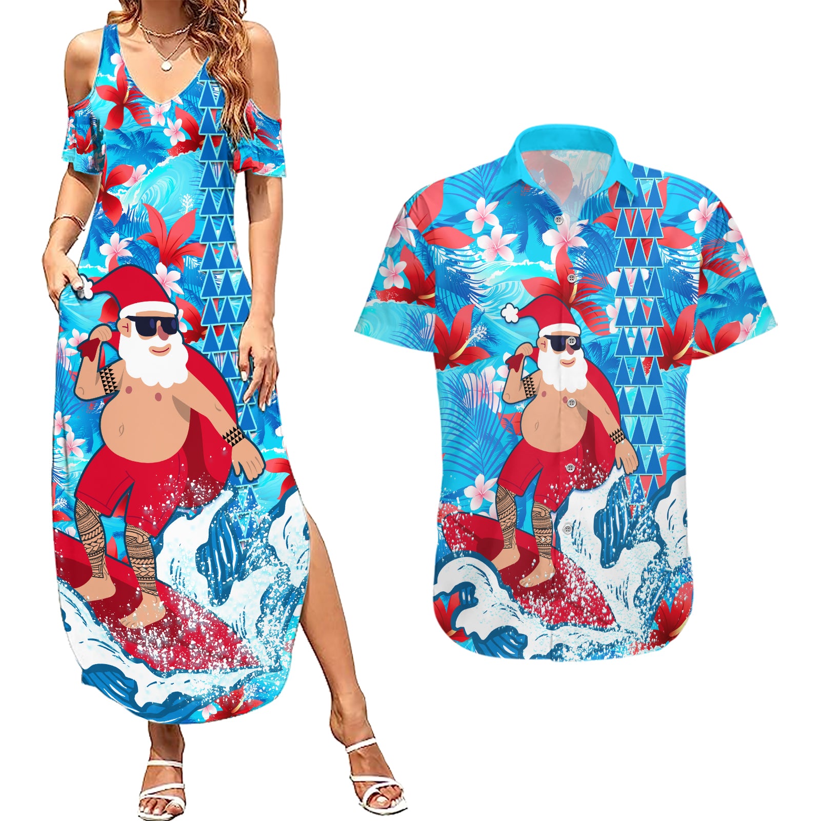 Hawaii Christmas Couples Matching Summer Maxi Dress and Hawaiian Shirt Santa Claus Surfing Kakau Tropical Style - Wonder Print Shop